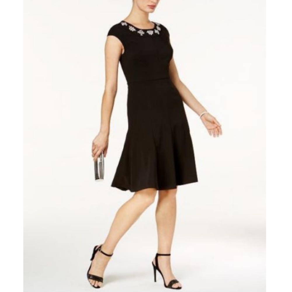 Jax Black Fit-and-Flare Dress with Embellished Neckline